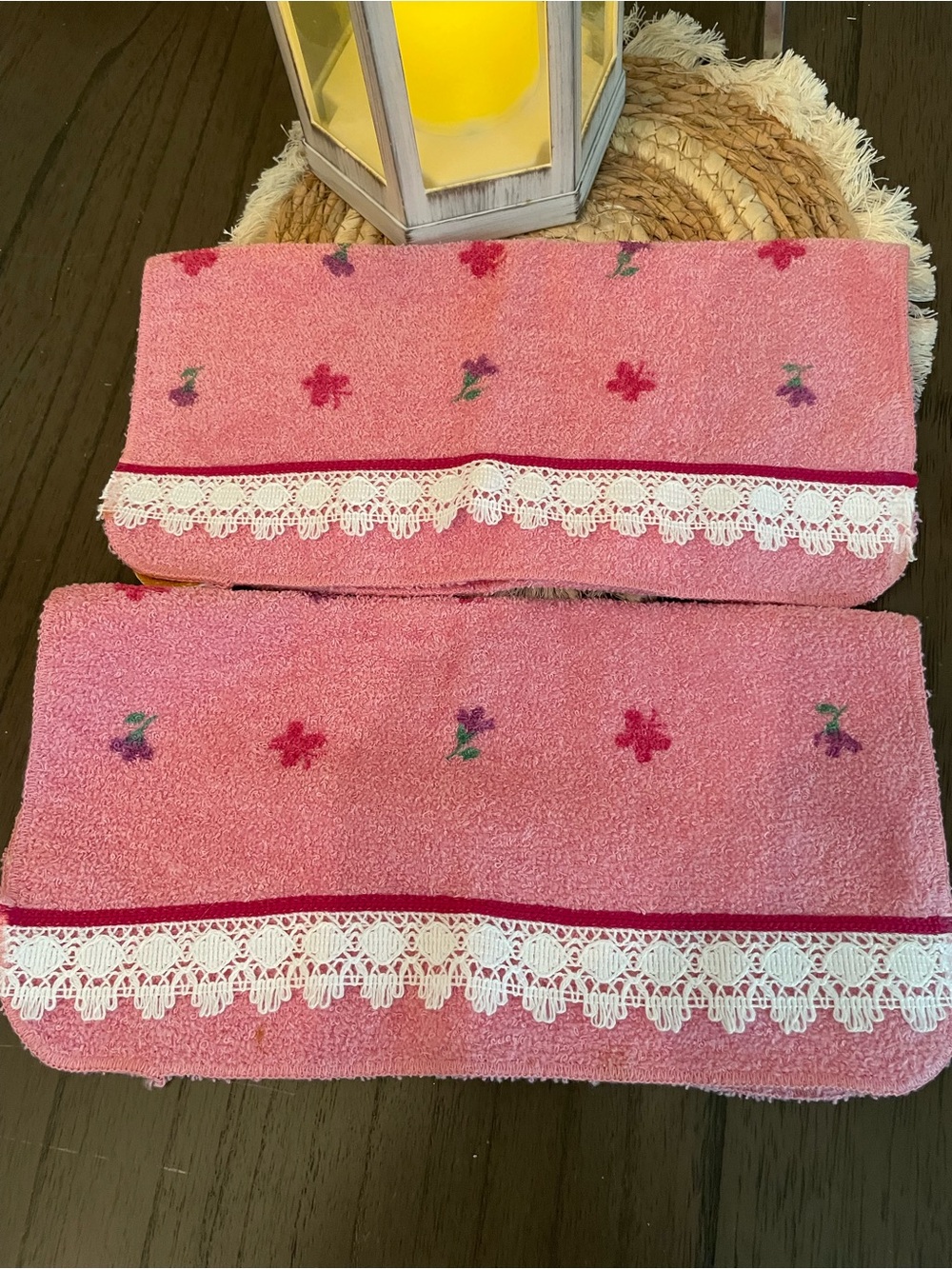 Pink Floral Lace-Trim Hand Towels - Set of 2
